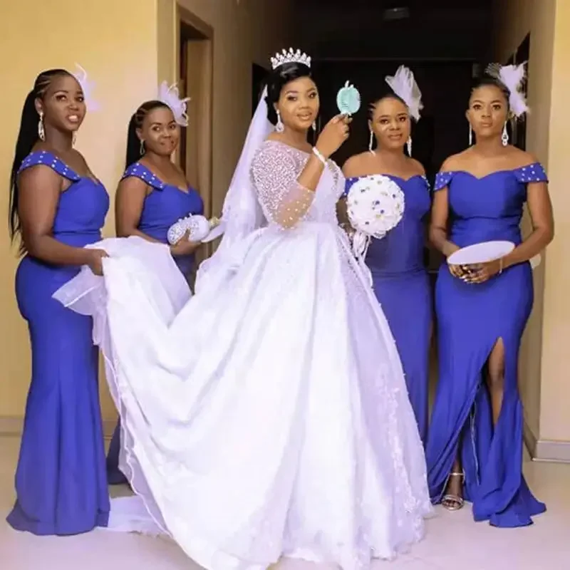 

Индивидуальное свадебное платье с вырезом-лодочкой, блестящими жемчужинами, длинными рукавами-иллюзией и силуэтом А-силуэт для невесты (Vestidos De Novia Africa)