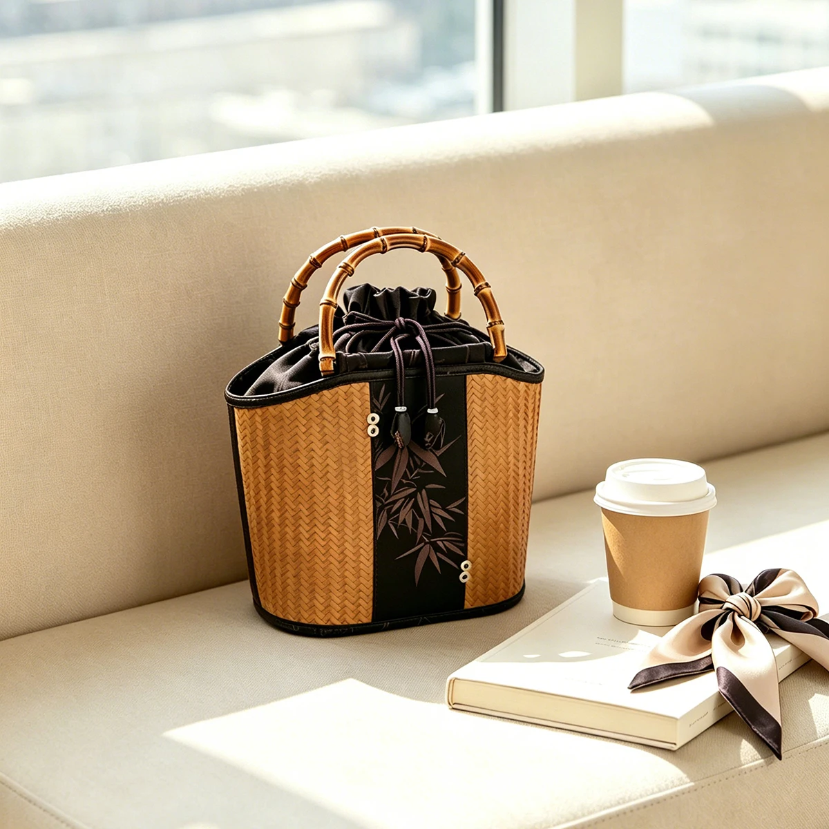 Retro Chinese Style Bamboo Woven Handbag with Bamboo Handle, Drawstring Closure, Bamboo Pattern Lining, Portable Tote Bag for Te