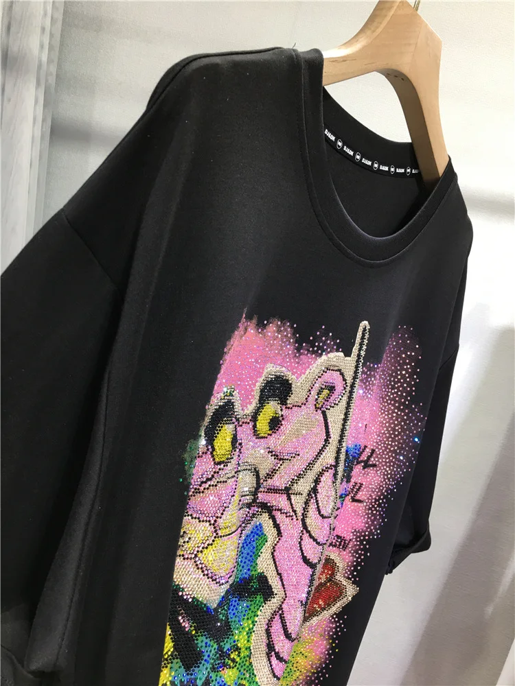 Trendy Cartoon Hot Drilling Women T-shirt Gradient Shiny Mid-long Loose O-neck Pullover Top All-match Short Sleeve Cotton Tees