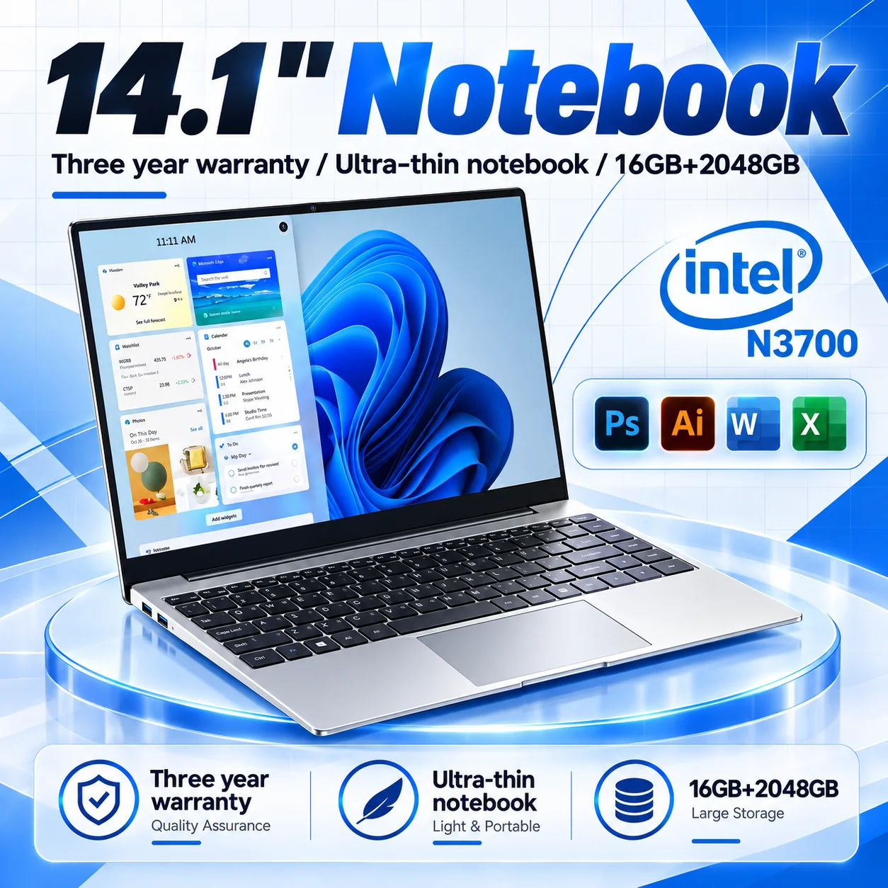 Intel Pentium N3700 Laptop Windows 14.1 Inch Computer 16GB/32GB RAM 1TB 2TB SSD Notebook PC Portable Laptops Office Study