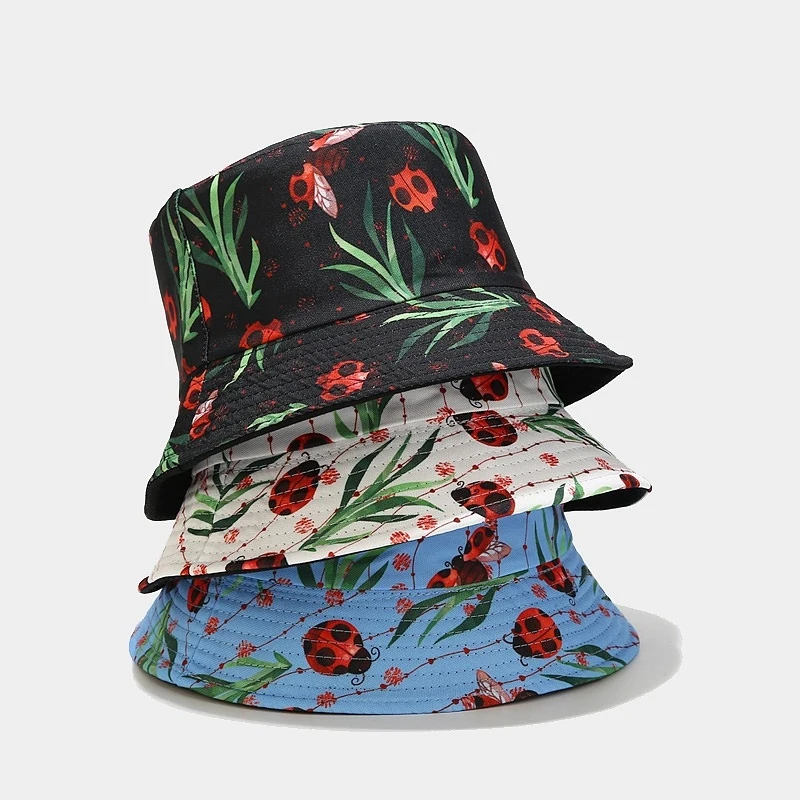 Women Ladybug Print Reversible Bucket Hat Double Sided Wear Sun Hat For Outdoor Beach Fishing Cap