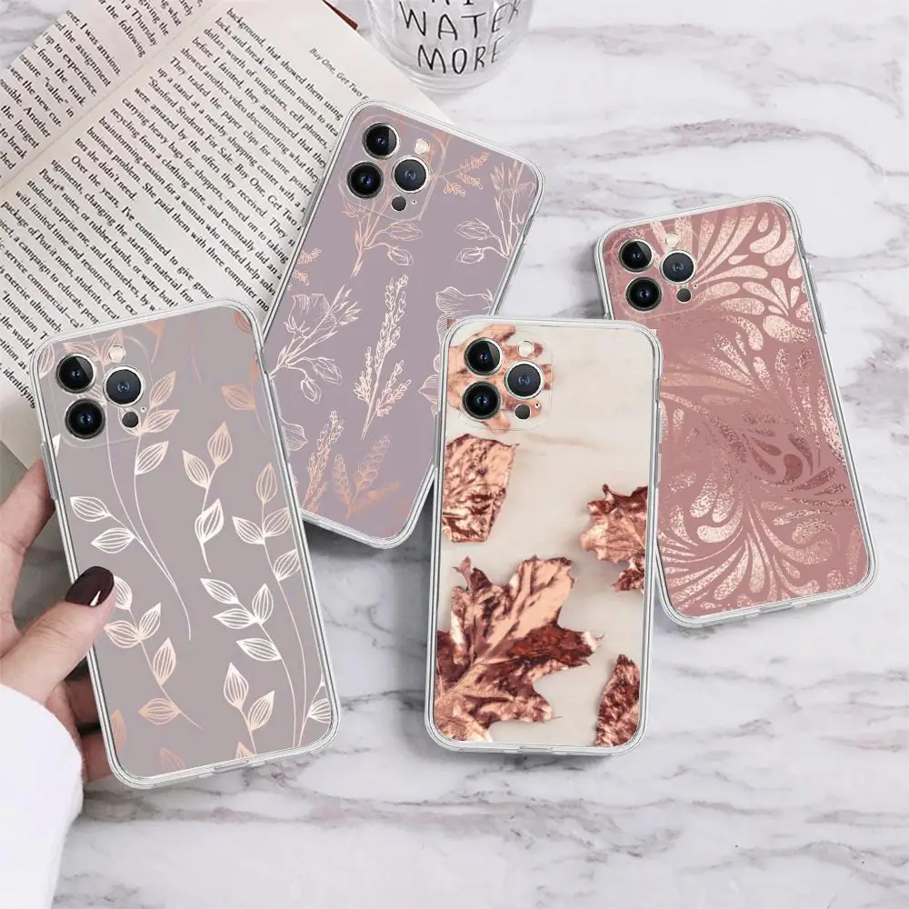 

Gold Rose Leaf Phone Case For IPhone 15 14 13 12 Mini 11 Pro XS Max X XR SE 6 7 8 Plus Soft Silicone Cover