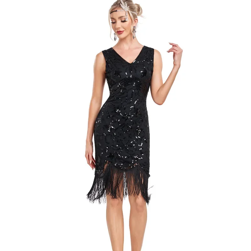 Elegant Flapper Women's 1920s Great Gatsby Cosplay Costume Sexy Sequin Studded Dress Host Tassel Fashion Banquet Evening Dress