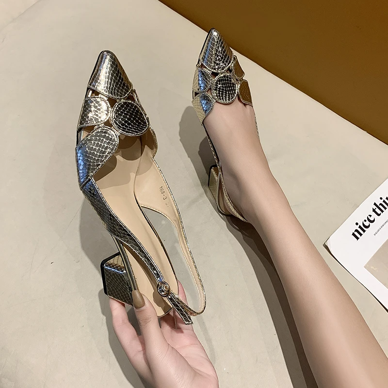 2024 Summer Pointed Toe Gold Heels Women Shoes Fashion Women Leather Slingbacks Pumps Wedding Bridal High Heeled Shoes