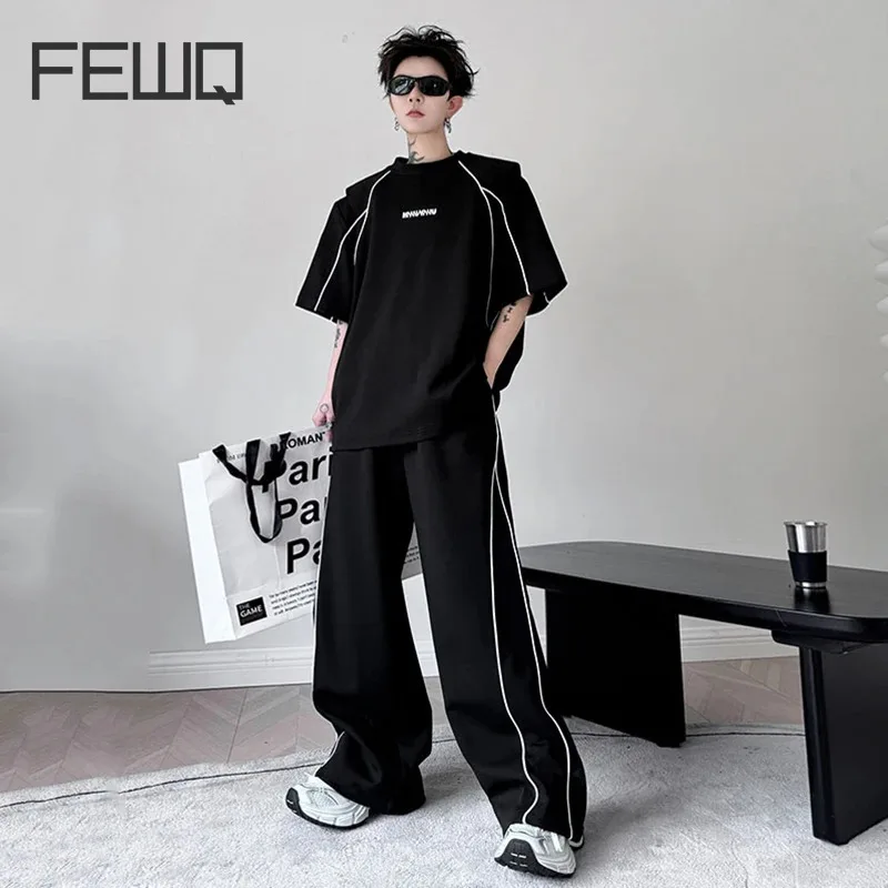 

FEWQ 2024 Men Sets Different Color Summer Streetwear Edge Letter Short Sleeve T-shirt Casual Wide Leg Pants Men's Set 28W3295