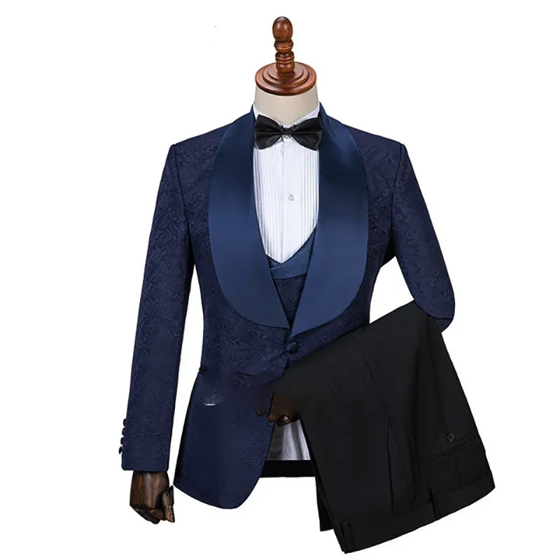 

Dark Blue Jacquard Formal Wedding Men Suits Shawl Lapel Slim Fit Blazers Hombre High Quality Custom 3 Piece Set Costume Homme