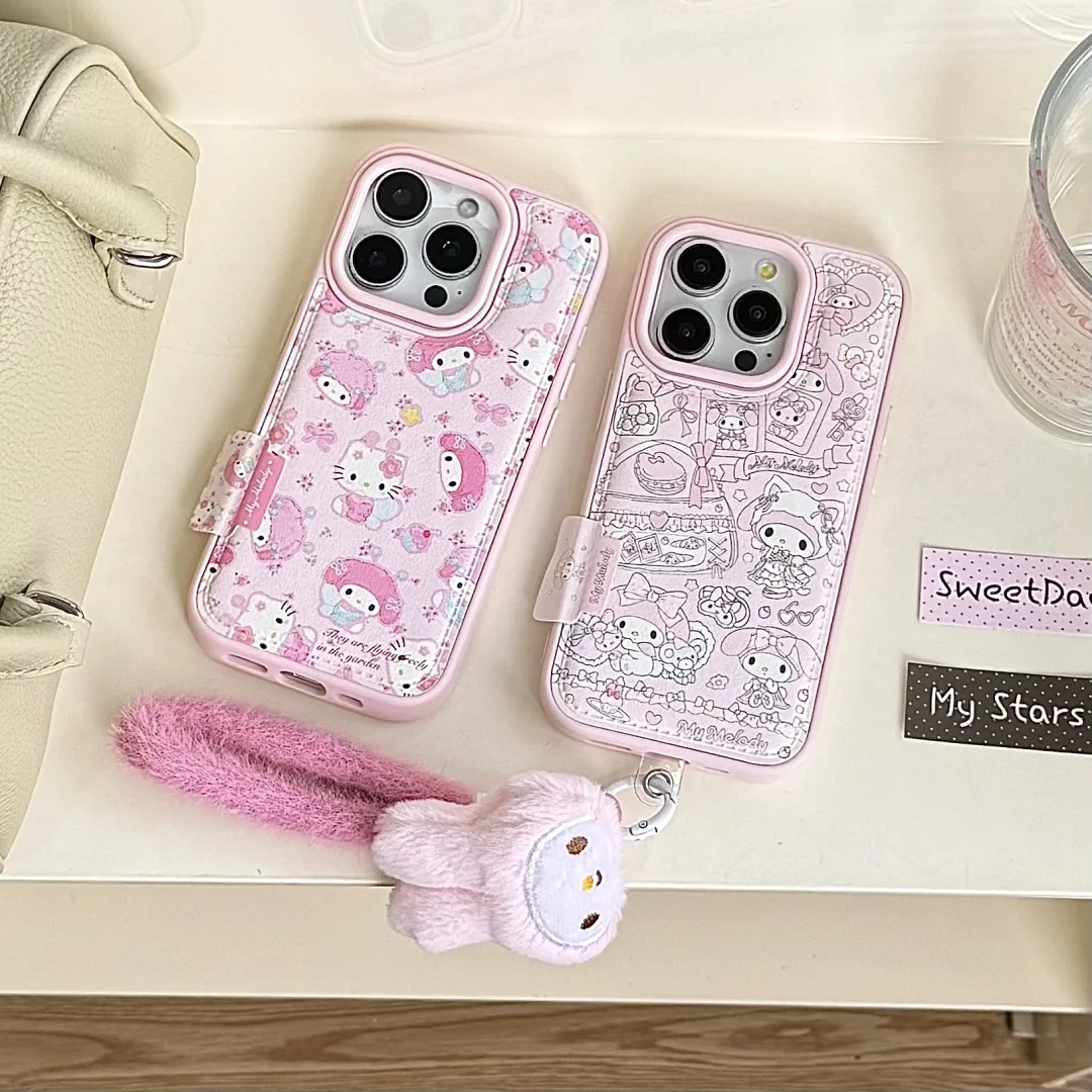 

Pink Soft Leather Cute 3D Plush Doll lanyard Phone Case For iPhone 15 14 13 16 17 Pro Max Cartoon Lovely Silicone Cover﻿﻿