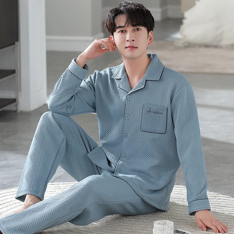 Men laminated air cotton pajamas male letter pattern warm pyjamas thin quilted suit long sleeve pajama winter leisure wear 3XL