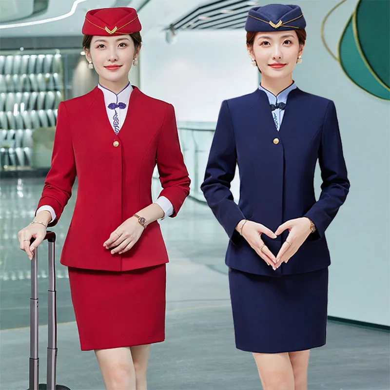 

Long Sleeve New Stand Collar Fashion Solid Color Black China Southern Airlines Airline Stewardess Suit Professional Skirt Suit H