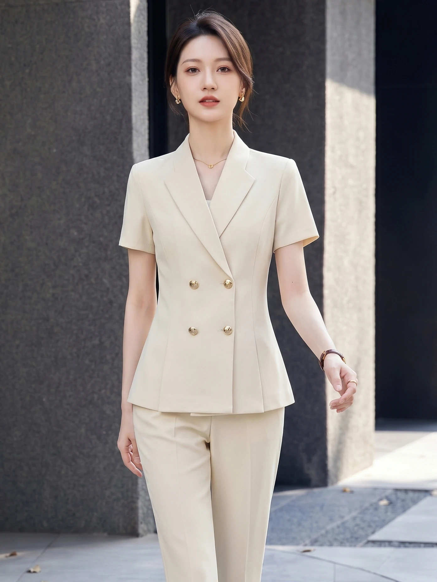 

Cherry Blossom Short Sleeve Professional Suit Set Women Summer New Thin Hotel Front Desk Manager Workwear Commute Uniform