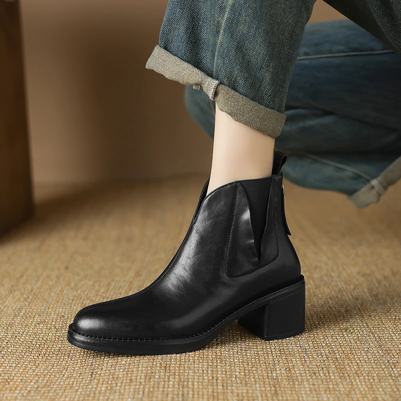 2024 Autumn Women Boots Genuine Leather Shoes for Women Pointed Toe Chunky Heel Shoes Slip-on Ankle Boots Handmade Western Boots