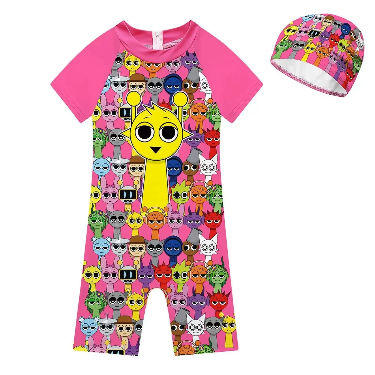 Summer Sprunki Plush Swimwear Kids Costume Toddler Baby One-piece Swimming Cap Bathing Suit Boys Girls Sprunki Print Beachwear view 4
