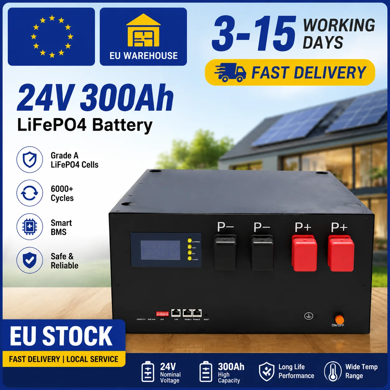 24V 300Ah LiFePO4 Solarbatterie – 6000+ Zyklen Lebensdauer – Batteriegehäuse/Rack & DIY-Kit für Heimenergiespeicherung – EU-Lagerbestand verfügbar