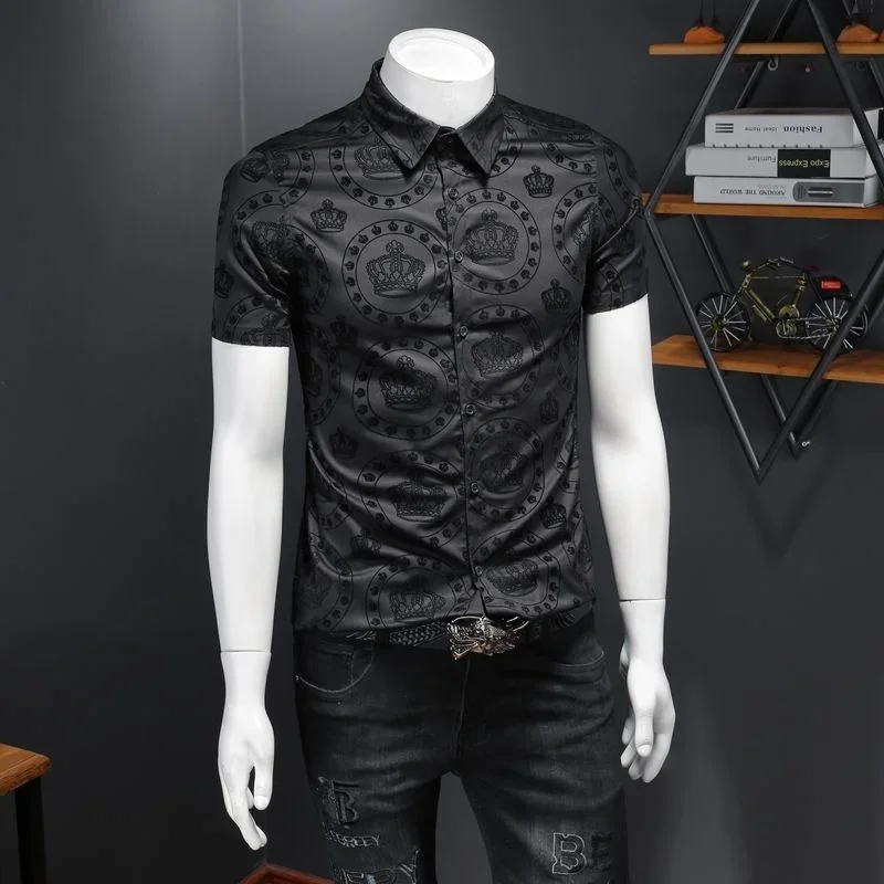 Summer Top Shirts Business Formal Dress Camisa Social Masculina Flower Shirt Luxury Black Crown Flocking Short Sleeve Shirt Men