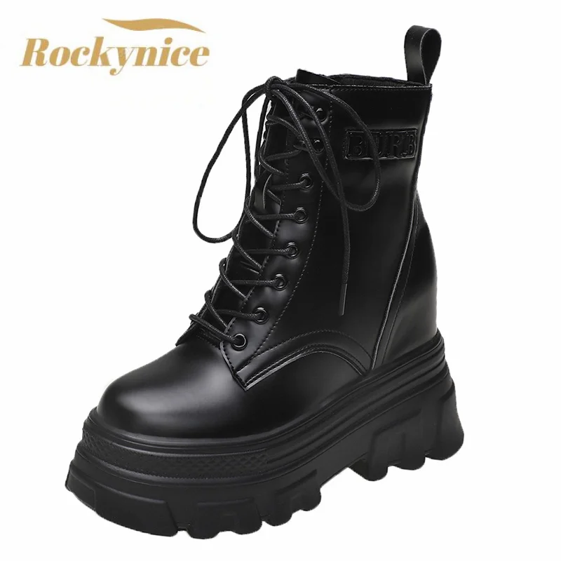 Mulheres outono plataforma ankle boots 2022 inverno quente pele chunky sapatos rendas tênis mulher botas de couro mujer 11cm