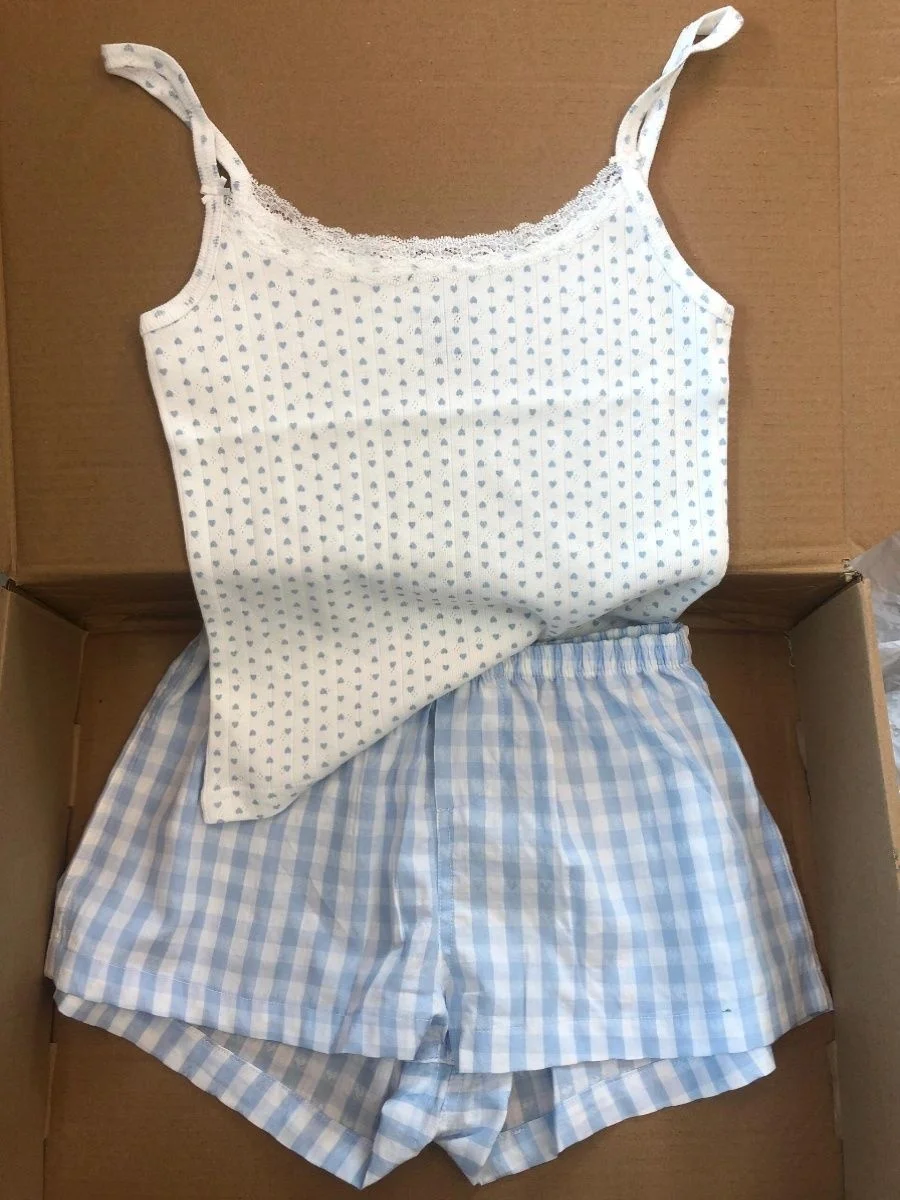

Women's Sweet Kawaii Pajama Set -Blue Plaid Heart-Patterned Shorts & Lace-Trim Camisole, Loose Fit Casual Homewear Spring Summer