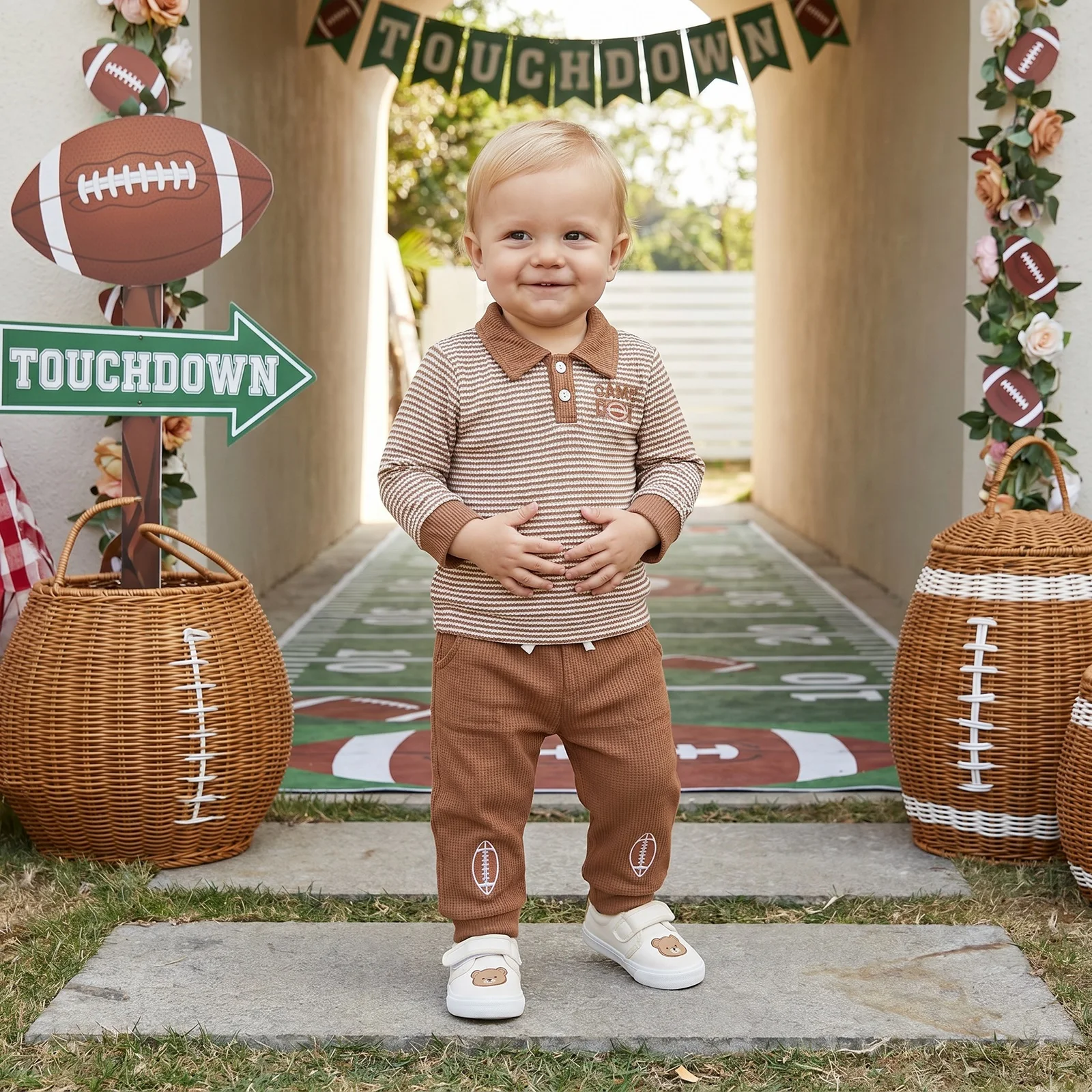 Toddler Boys Football Outfits Cute Long Sleeve Striped Tops and Pants Set