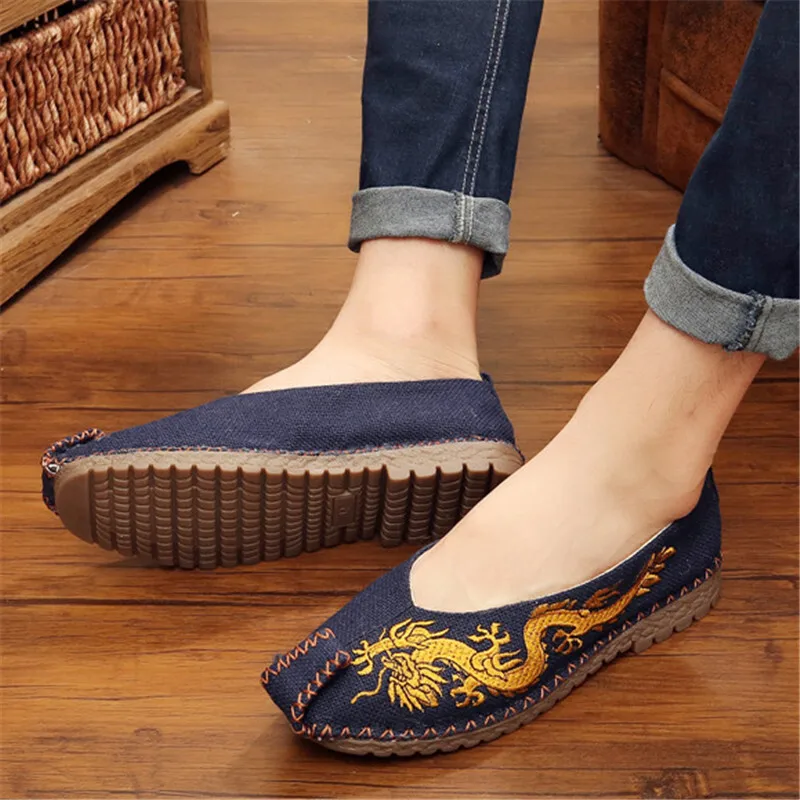 Cosplay Costume Chinese Ancient Shoes Dragon Embroidery Men's Slip On Shoes Lazy Casual Linen Straw Woven Cloth Shoes