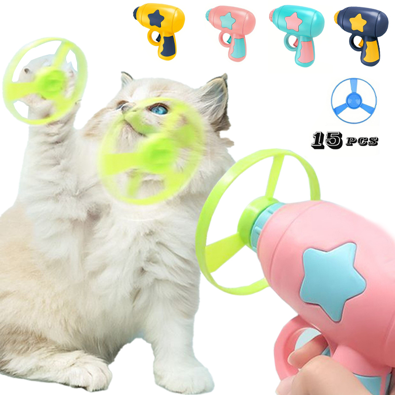  New Cat Toy Pet Interactive Play Cat Dog Training Toy Launcher with 15 pcs Flying Disc Mini Catapult Pet Toys Cat Accessories