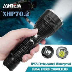 강력한 수중 LED 스쿠버 다이빙 손전등, XHP70.2, 8000LM, 200m, 가장 밝은 30W 다이빙 토치, IPX8 방수 다이빙 램프 랜턴