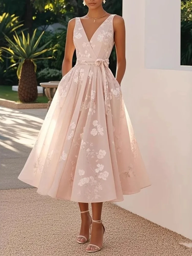 Vestido Longo Feminino Elegante Estampado com Decote V, Sem Mangas, Cintura Marcada com Laço, para Verão e Ocasiões Formais