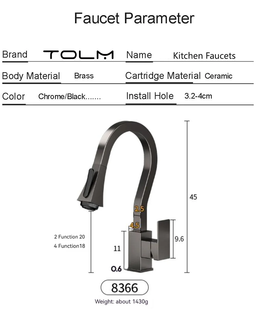 TOLM-grifo extraíble para fregadero de cocina, rociador extraíble con mezclador, color negro