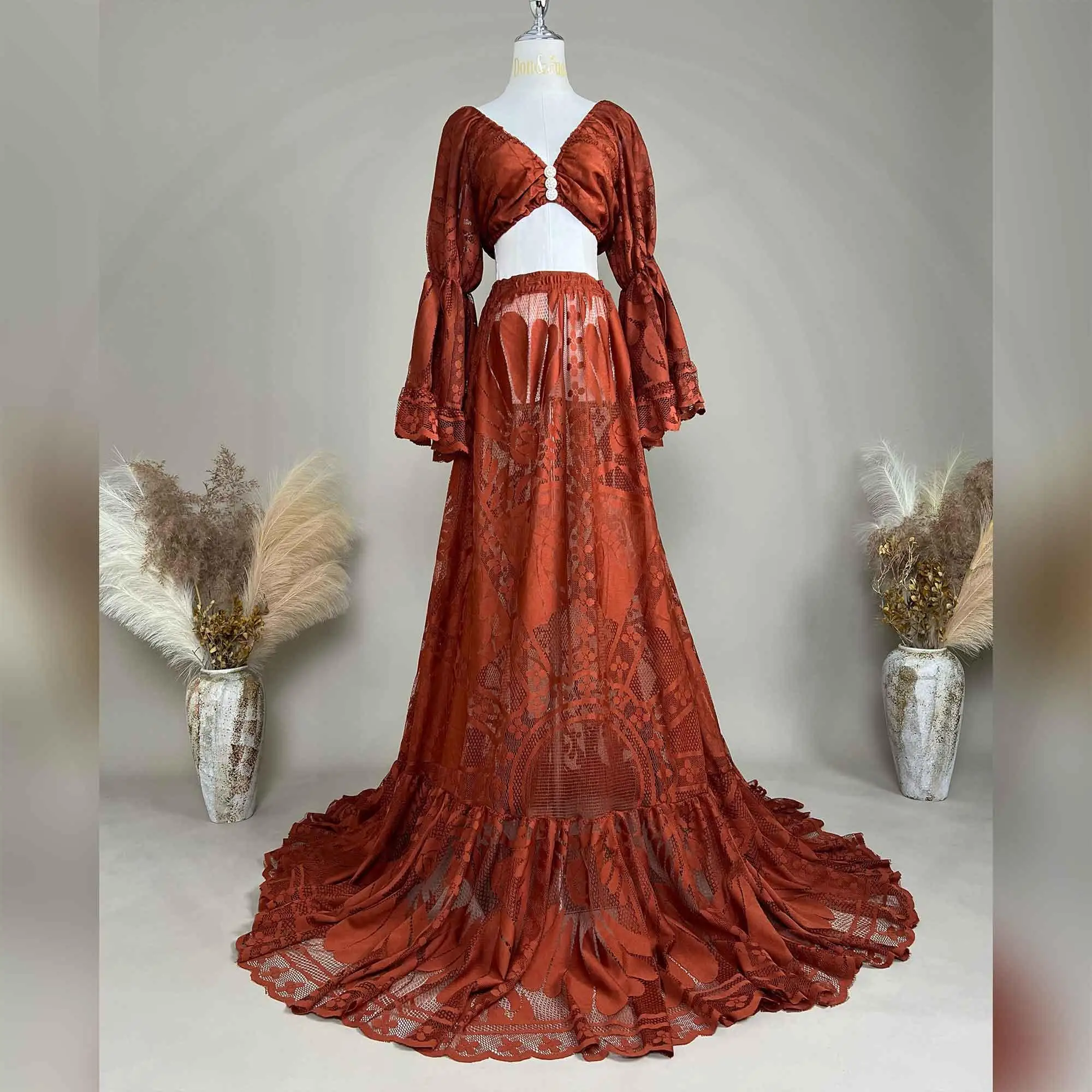 Don & Judy 여성용 자수 드레스 파티 웨딩 의류 임신 한 여성을위한 긴 소매 V 넥 드레스 베이비 샤워