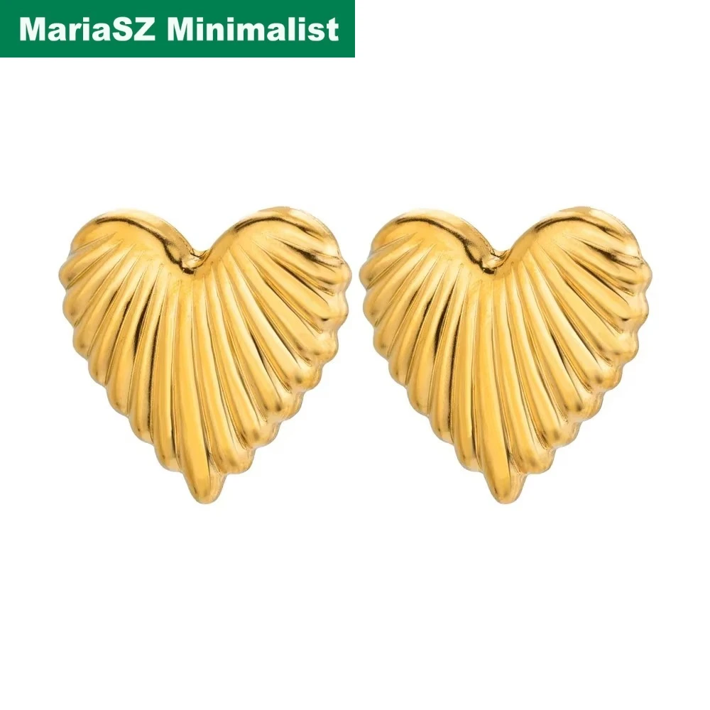 Mariasz Minimalist Stainless Steel Stud Earrings for Women Puffy Stripe Ribbed Heart Gold Color Vintage Trendy Ear Jewelry Gift