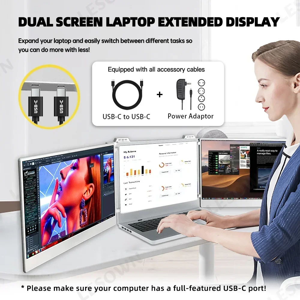 LESOWN Dual Portable Monitor 13.3 14 15.6 inch 1920x1080 IPS USB C Double Screen Laptop Extender PC Gamer Display for Computer