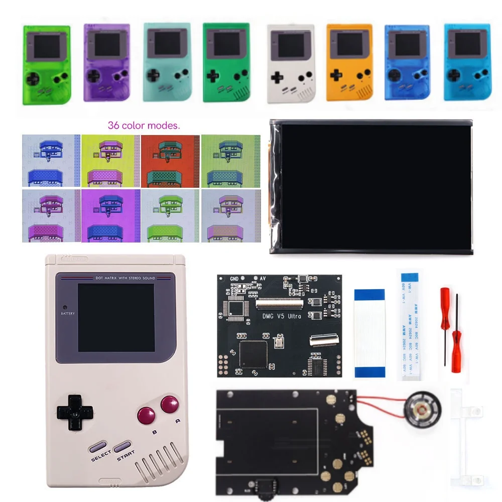 Hispeedido GBO V5 Pro OSD IPS Backlight Menu RIPS 36 Color Kit For GameBoy DMG GBO GB Console W/ speaker Pre-cut Housing Shell