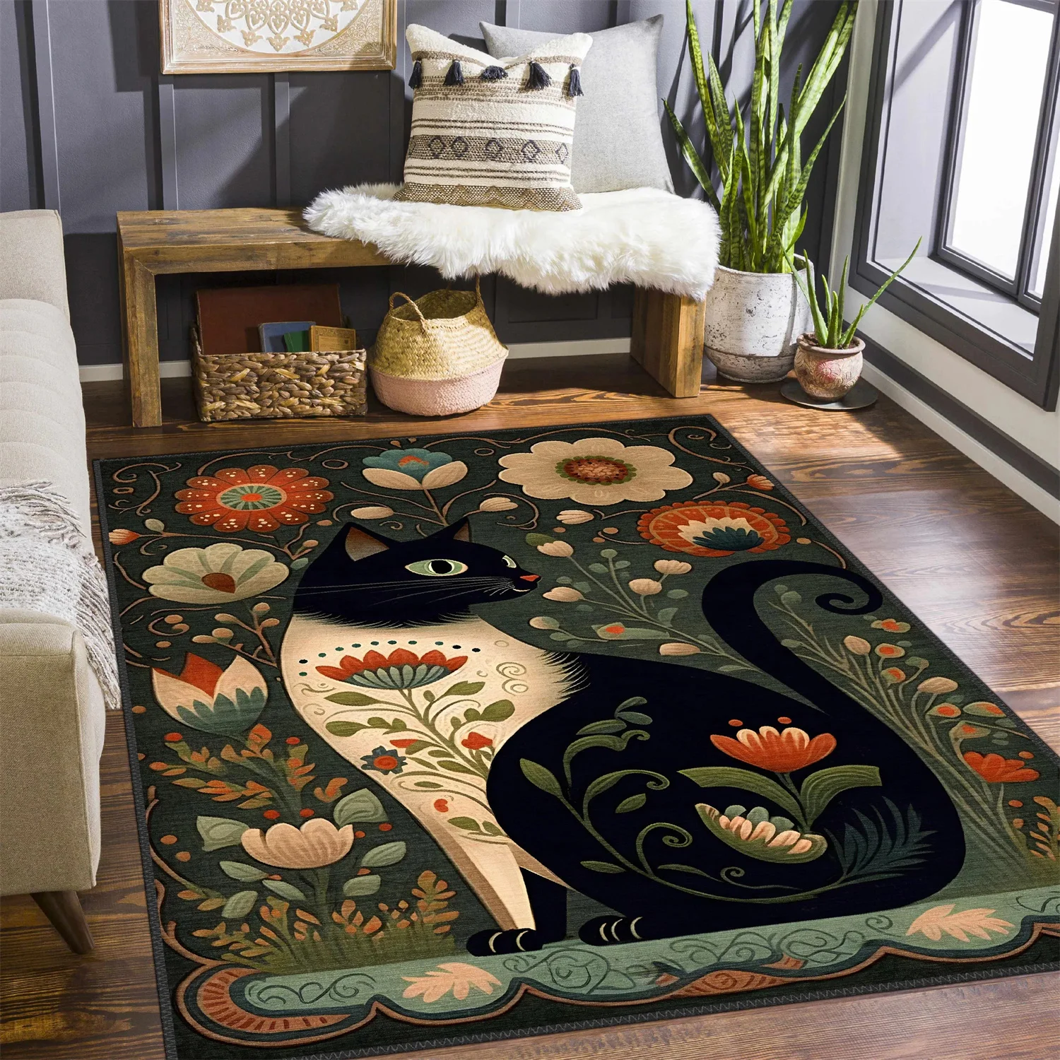 

Cat Pattern Pop Art Rug Modern Home Fine Art Decor Rug Gothic Bedroom Black Cat Theme Large Area Rug Hallway Anti-slip Floor Mat