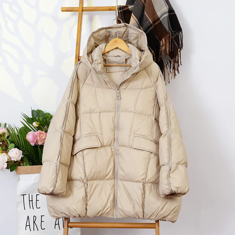 Schinteon Women White Duck Down Jacket with Hood Autumn Winter Warm Outwear Casual Loose Over Size Outwear Korean Style Coat New