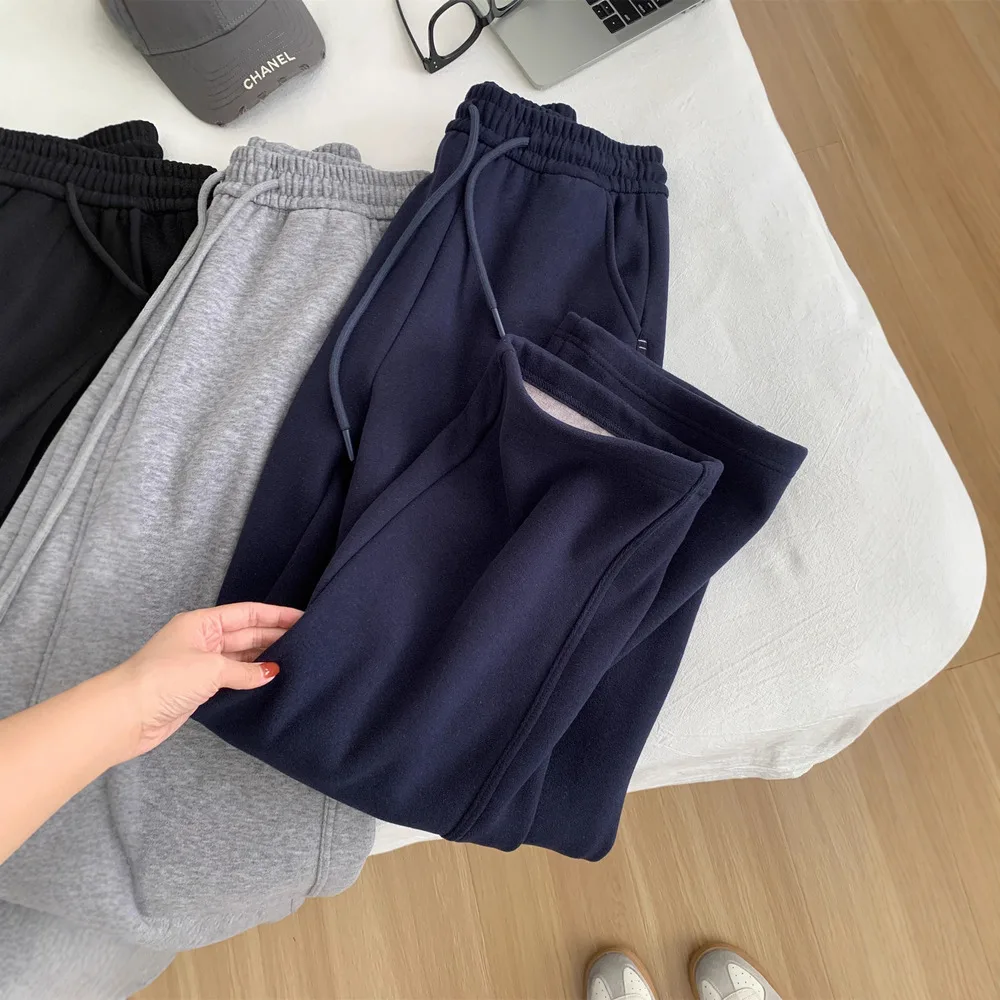 2025秋冬 裏起毛 厚手 スリム 細見え プチ ストレート ワイドレッグ レディース ドレープ シミター パンツ カジュアル スウェットパンツ
