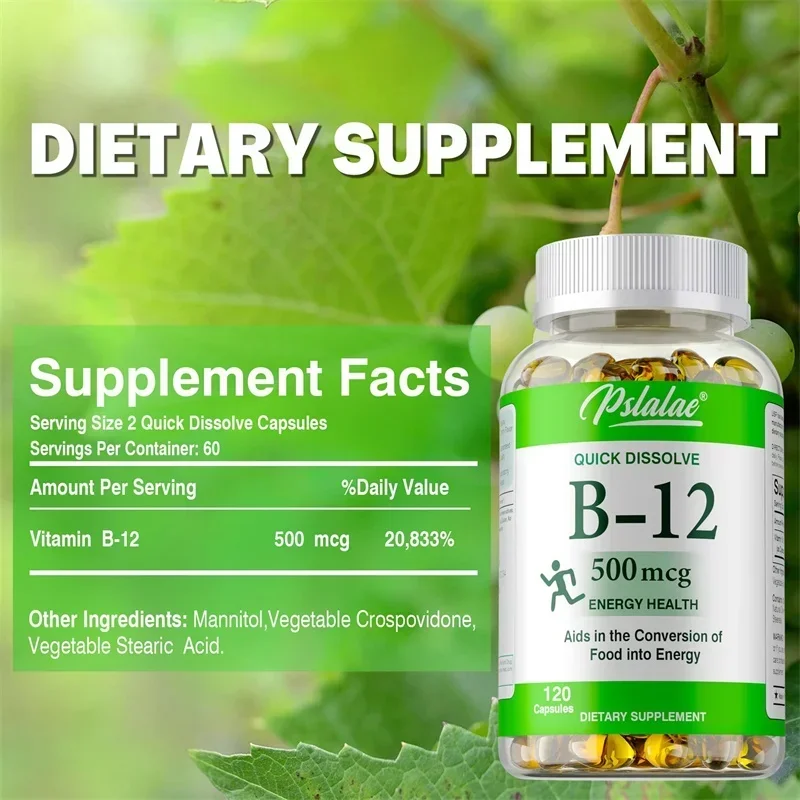 Vitamin B12 Capsules - for Mood, Brain, Nervous System, Energy, Metabolism