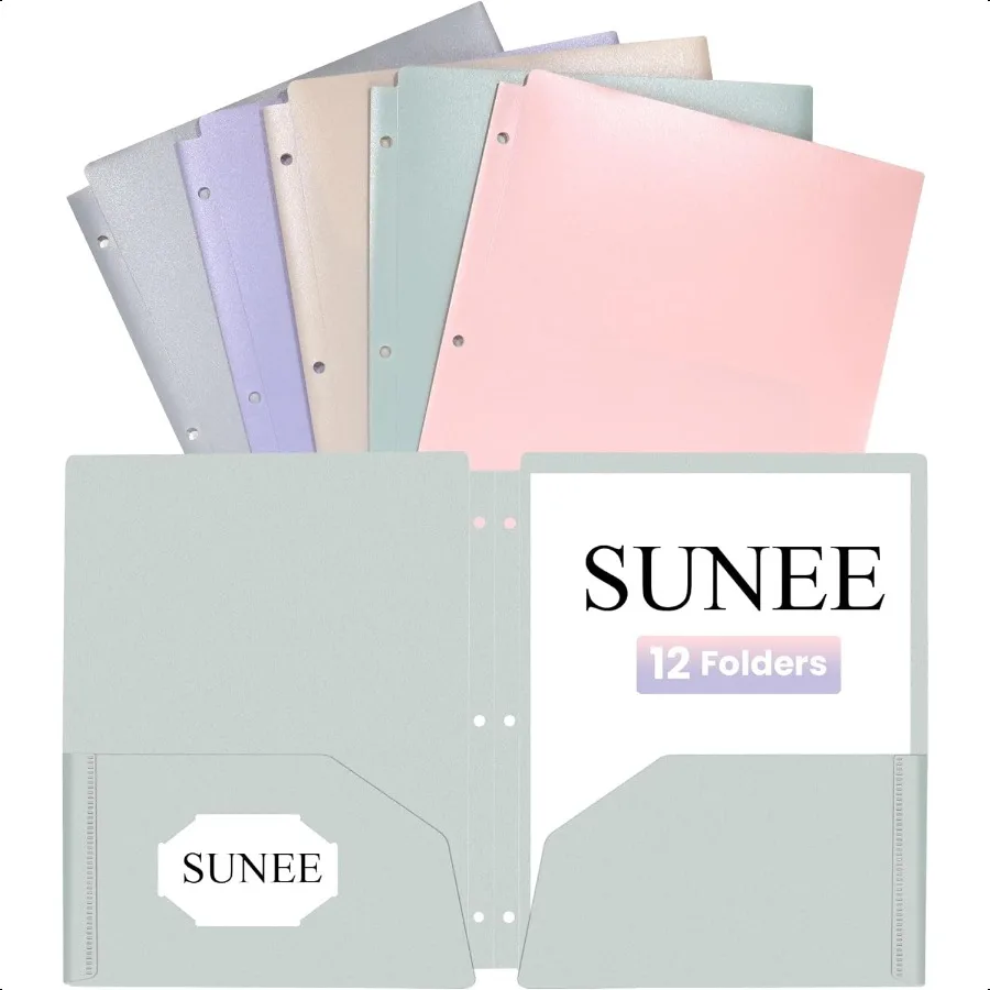 

3 Hole Pocket Folders 12 Pack Pastel Color Plastic Pocket Folders for 3 Ring Binder 3Hole Punched Folders with Pockets for Stud