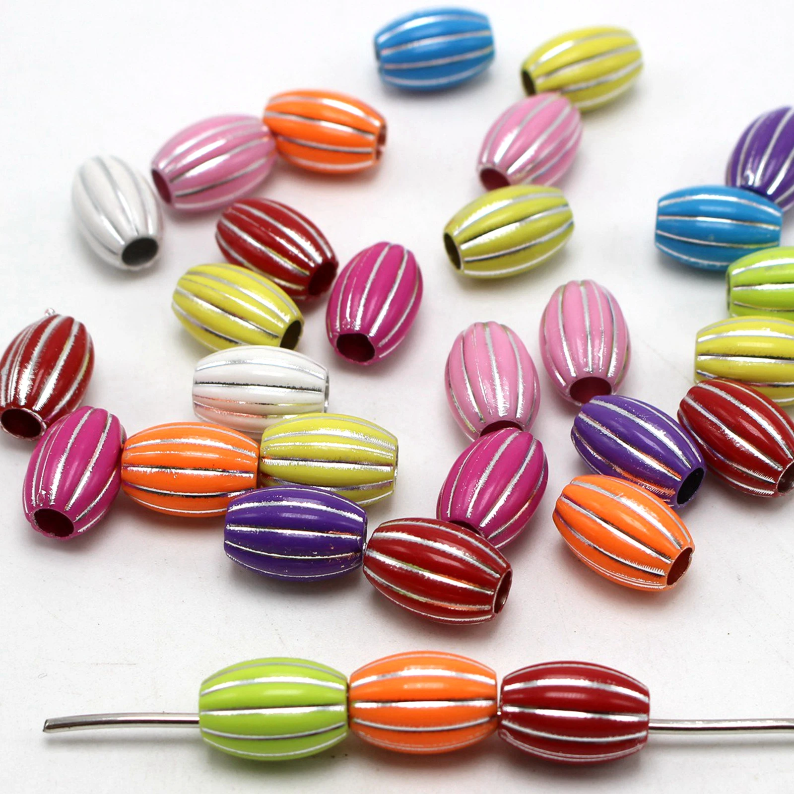 50pcs Mixed Color Sparkling Silver Acrylic Oval Tube Beads with Big Hole