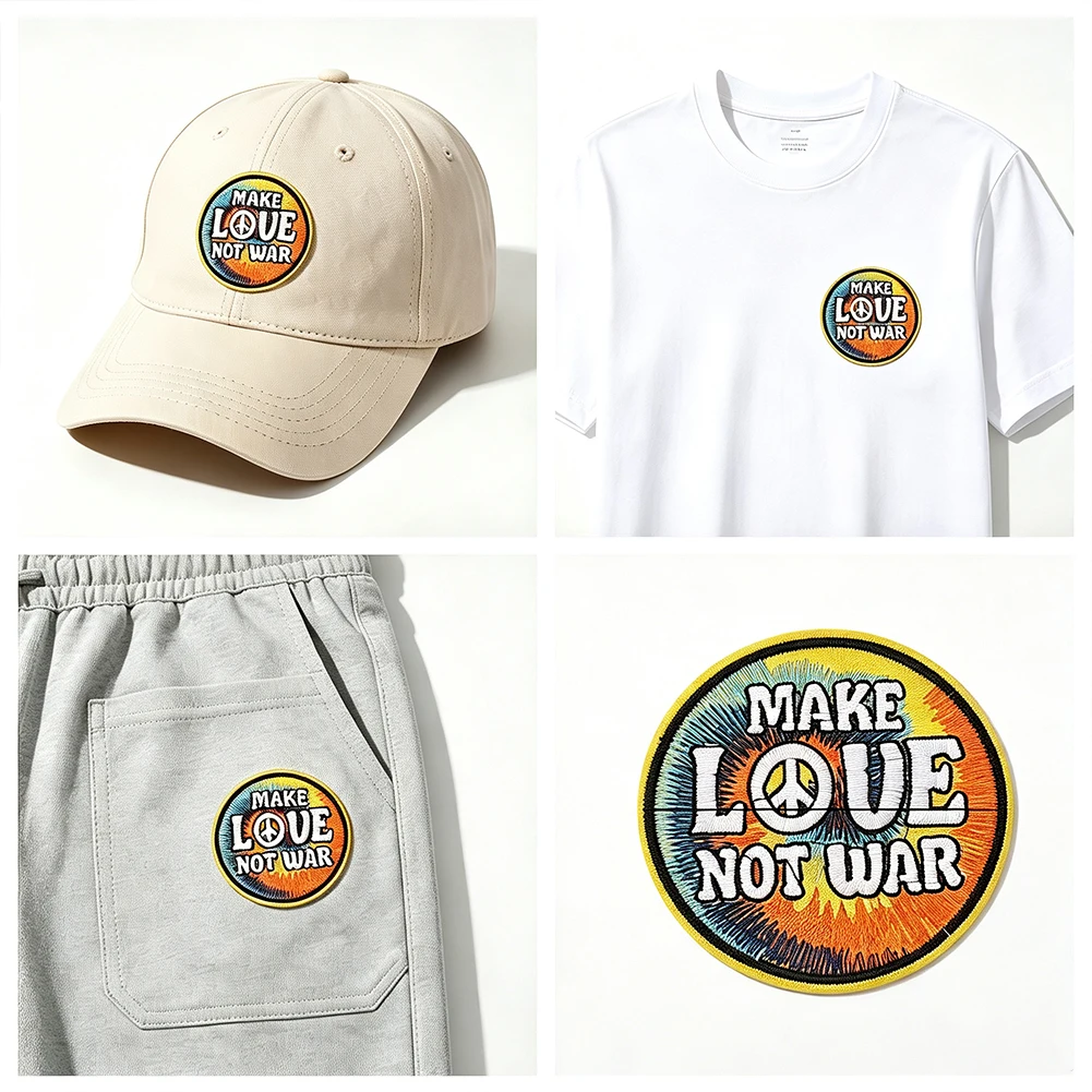 2 Stücke „Make Love Not War“ bestickter Aufnäher zum Aufbügeln, Friedenssymbol, runde Applikation, Abzeichen, DIY-Deko für Kleidung, Jacken, Rucksäcke, Accessoire – Detail 6