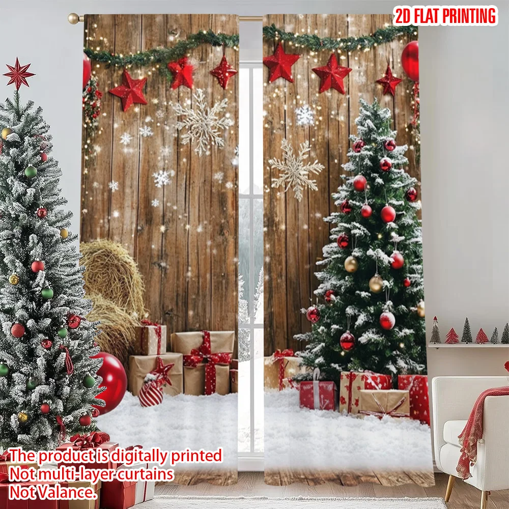 

2pcs 2D flat printing Christmas Window Curtains Snowflakes and pine cones are used in all seasons Polyester Without Electricity