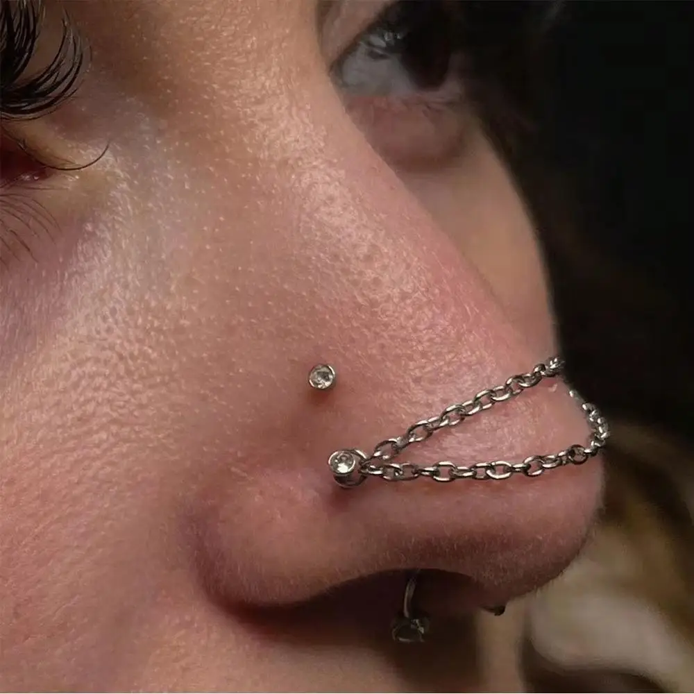 4pcs/Set Funky DIY Stainless Steel Nose Rings Jewelry 20G Round Star Heart CZ Top Nose Stud Piercing Jewelry With Chains