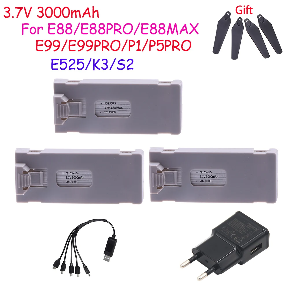 3.7V 3000Mah RC Drone Battery Accessory For E88 E88PRO Ls-E525 E525PRO P1 K3 S2 Charger Mini Uav Drone Battery Special Rc Parts