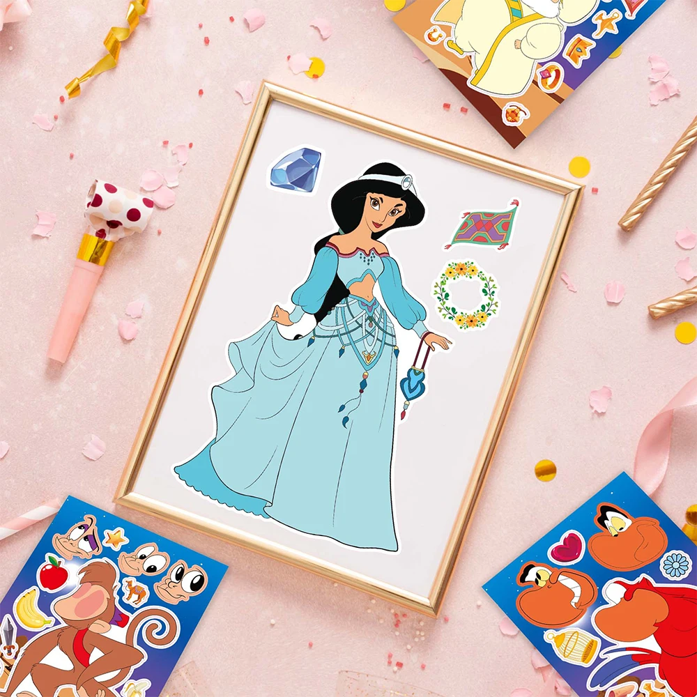 8/16Sheets Disney Princess Jasmine Children Make a Face Puzzle Stickers DIY Game Cartoon Aladdin Jigsaw Kid Educational Toy Gift