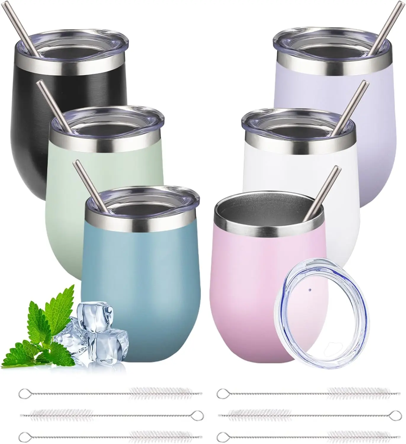 

Набор из 6 разноцветных термостаканов для вина из нержавеющей стали (12 унций) с крышкой и соломинкой, для горячих и холодных напитков