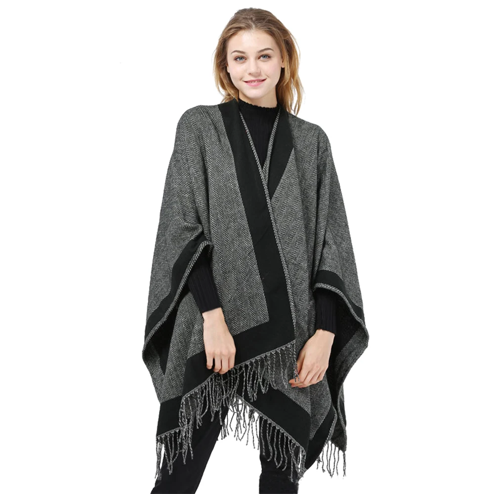 Women Cashmere Feel Shawl Lady Classic Black Cape Spring Autumn Vintage Cardigan Winter Tassels Cloak Two-sided Large Blanket