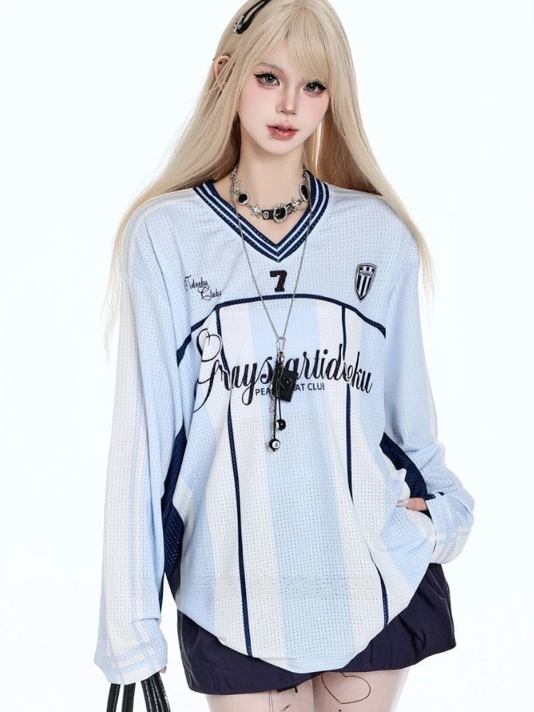 Y2K винтажный свитшот с принтом, женский американский стиль, негабаритный Kpop, уличная одежда в стиле хип-хоп, пуловеры с v-образным вырезом, корейские модные толстовки, топы