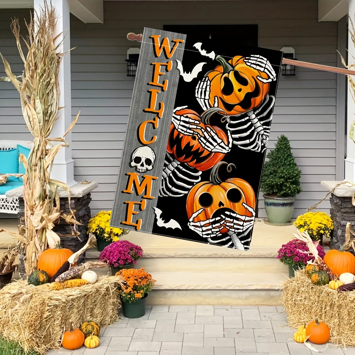 Halloween Spooky Garden Flag - 12x18 Inch Double-Sided, & Skull Design with Black Jack O Lantern, Pumpkin Guitar, and Gothic Bat Web - Durable Polyester Outdoor Decor for Yard, Lawn, and Home