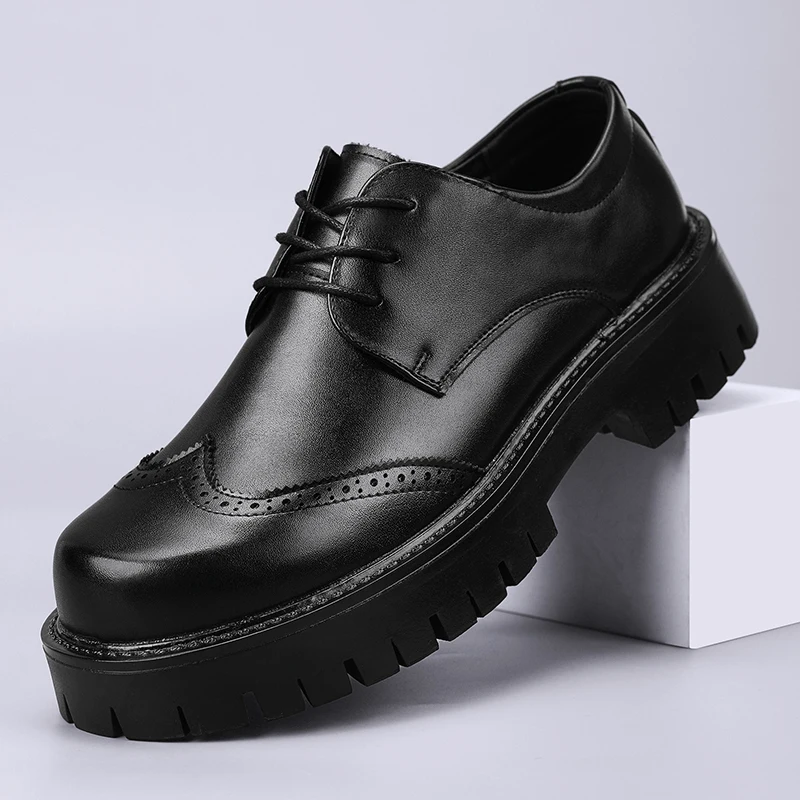 Hight Quality 2024 Spring New British Style Solid Black Leahter Shoes For Men Hombre Daily Casual Banquet Dress Heightening Eff