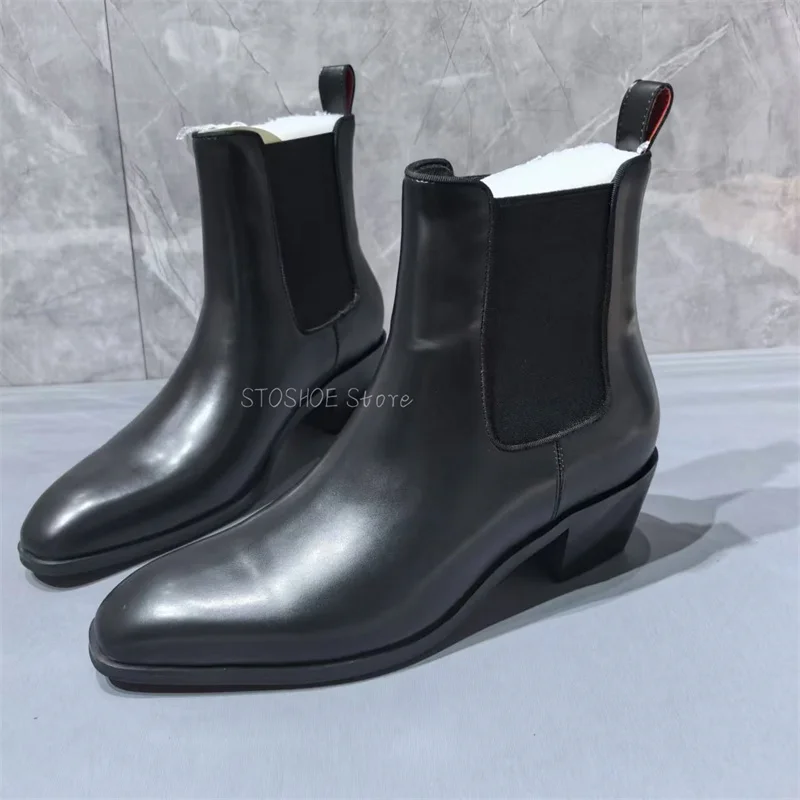 Black Leather Chelsea Boots for Men Pointed Toe British Short Boots Mid Chunky Heels Ankle Booties Retro Boots Male Big Size 48