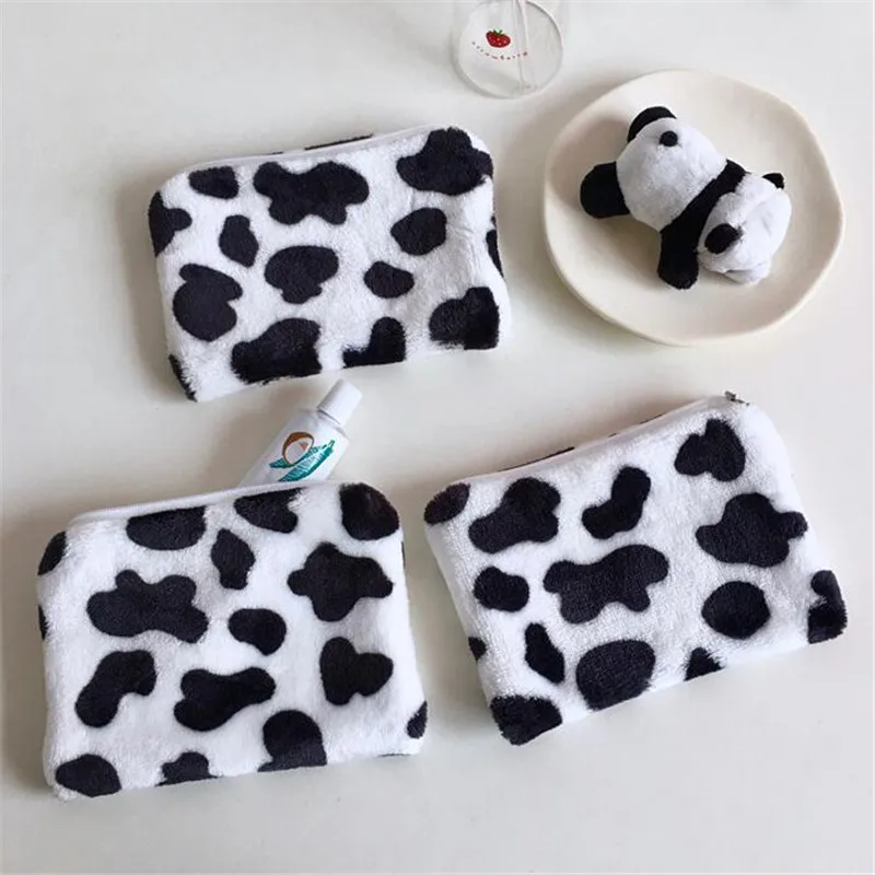 Cow Pattern Plush Coin Purses Mini Coin Wallet Storage Bag Card Holder Credit ID Wallet Pocket Women Girls Female Coin Purse Zip