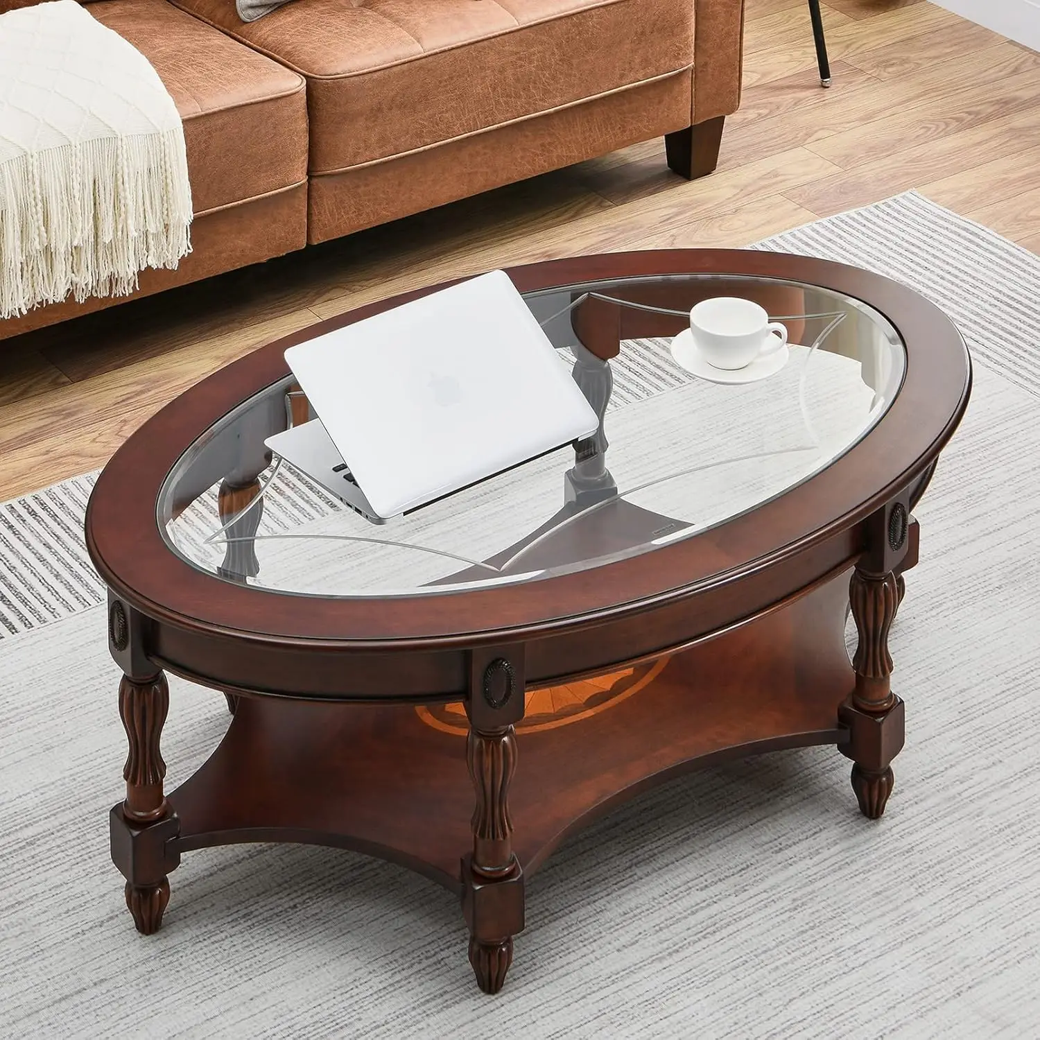 

Traditional Coffee Table With Tempered Glass Top And Storage Shelf, Farmhouse Living Room Solid Wood Frame,Oval Cocktail Center