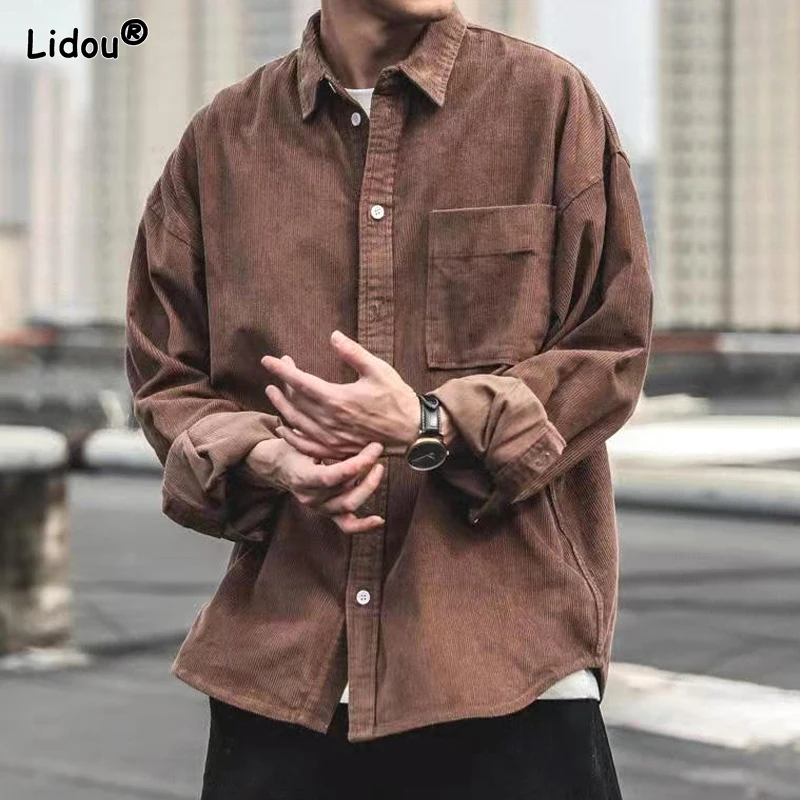 2023 Autumn and Winter Trend Handsome Street Casual Loose Oversize Lapel Long Sleeved Solid Color Versatile Corduroy Men\'s Shirt